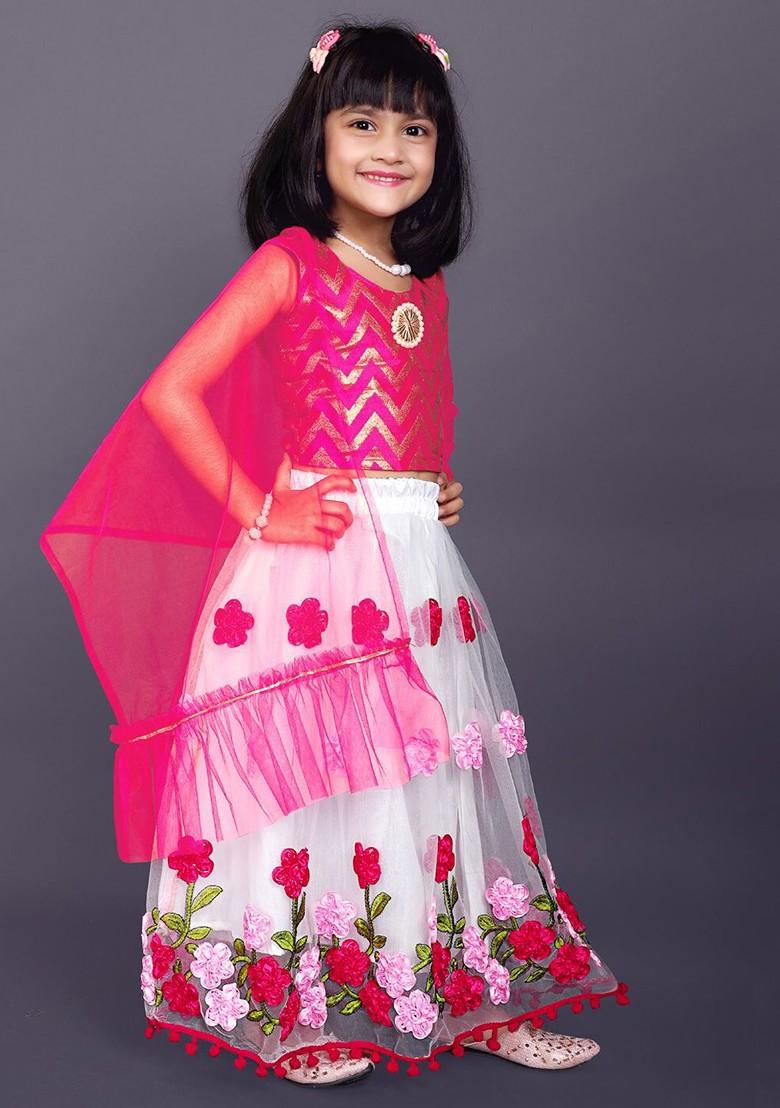 White Embroidered Blended Lehenga Choli For Girls - Indya