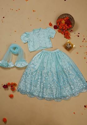 Blue Embellished Net Lehenga Choli For Girls
