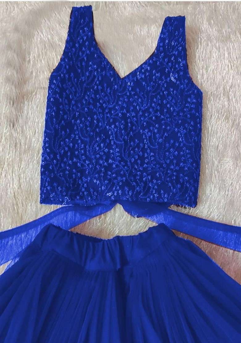 Blue Embroidered Blended Lehenga Choli For Girls - Indya