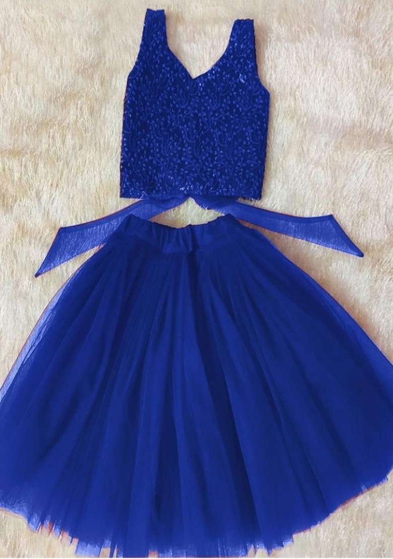 Blue Embroidered Blended Lehenga Choli For Girls - Indya