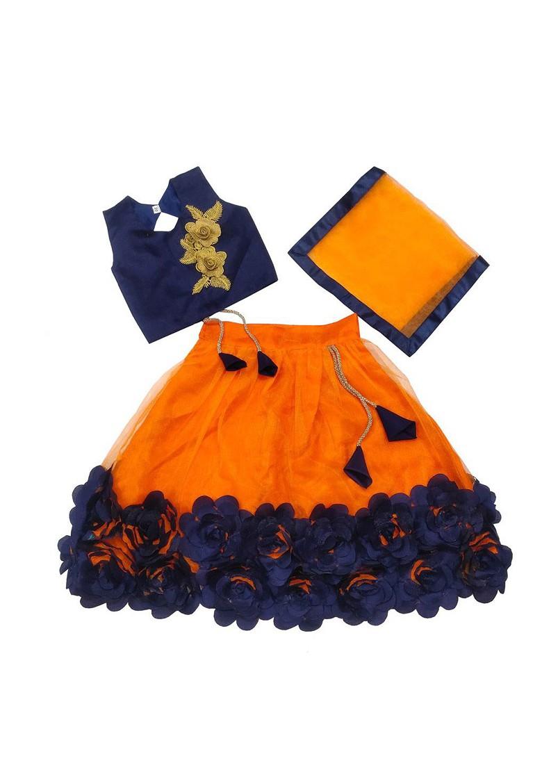 Orange Embroidered Net Lehenga Choli For Girls - Indya
