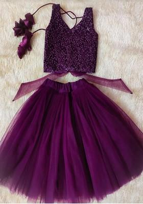 Purple Embroidered Net Lehenga Choli For Girls