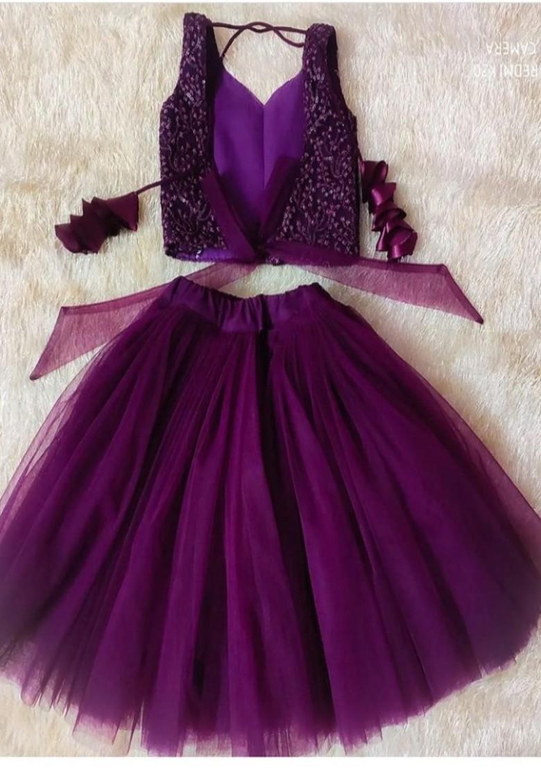 Purple Embroidered Net Lehenga Choli For Girls - Indya