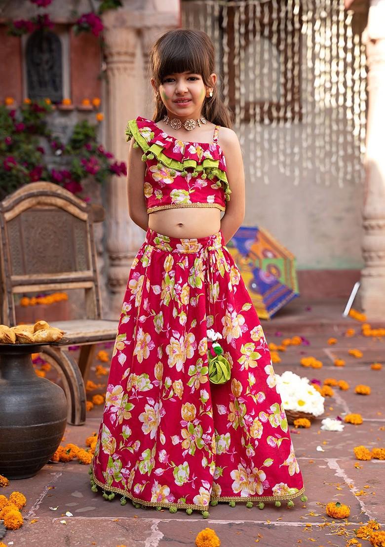 Pink Printed Blended Lehenga Choli For Girls - Indya