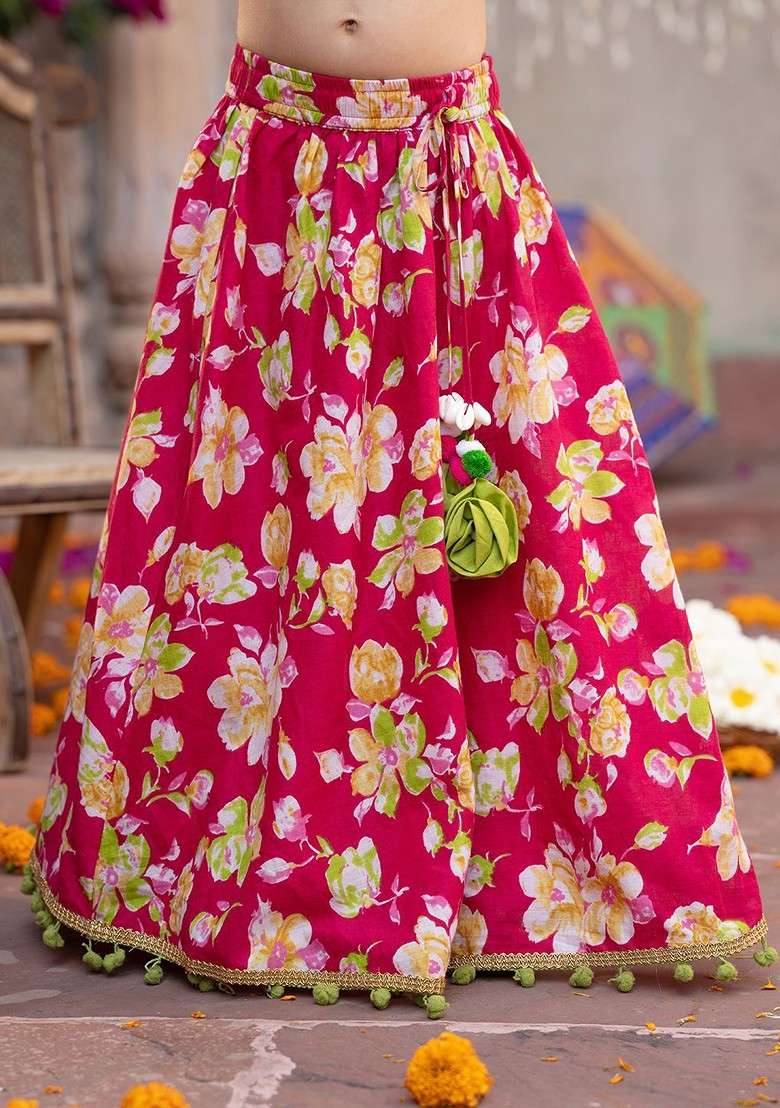 Pink Printed Blended Lehenga Choli For Girls - Indya