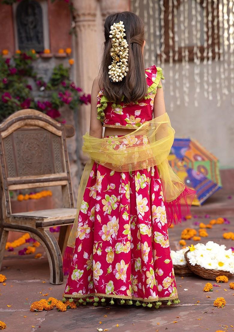 Pink Printed Blended Lehenga Choli For Girls - Indya
