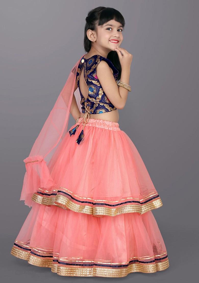 Orange Embroidered Blended Lehenga Choli For Girls - Indya