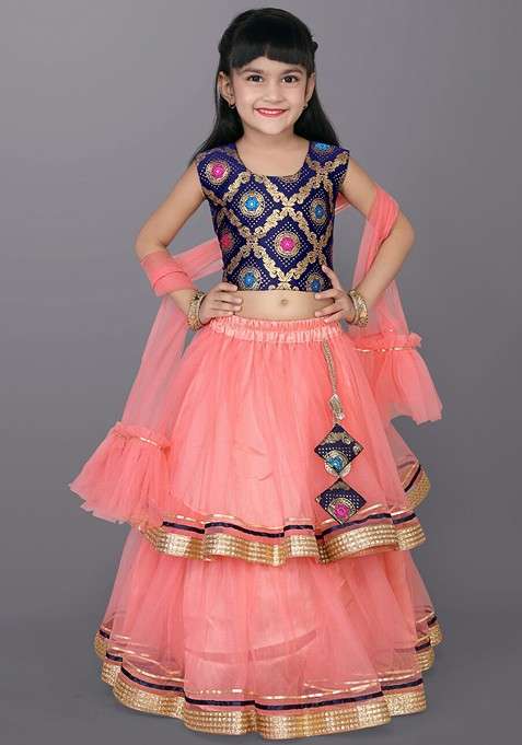 Orange Embroidered Blended Lehenga Choli For Girls