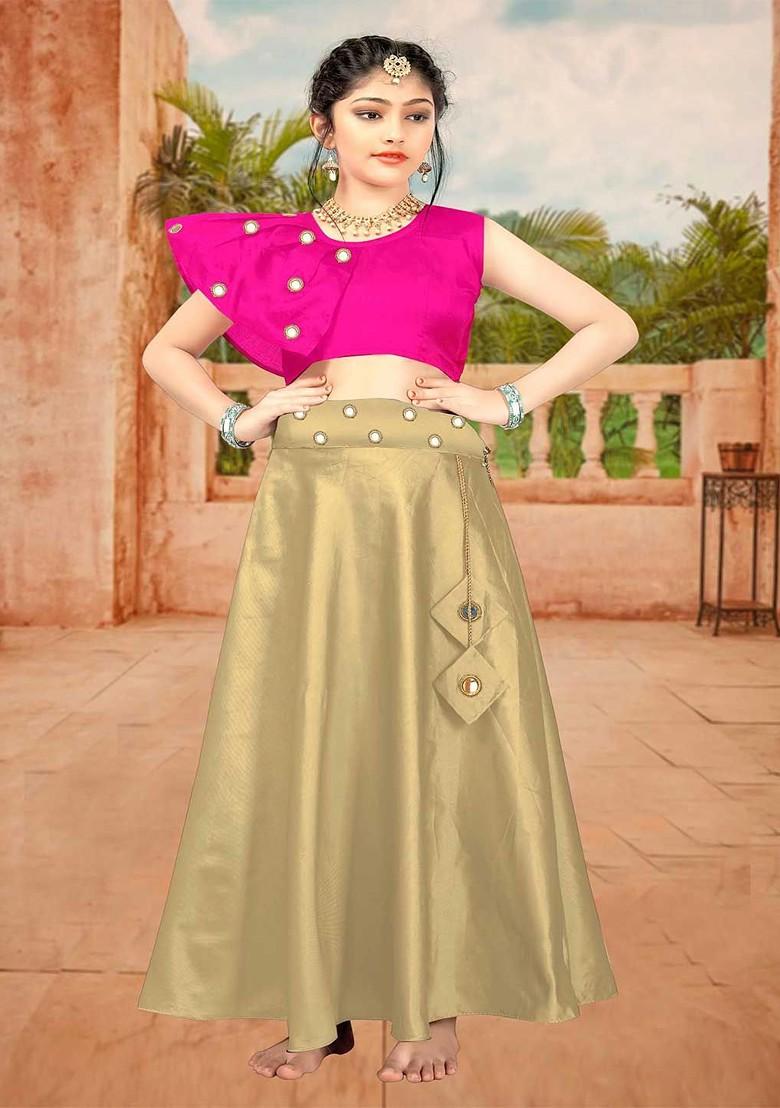 Beige Embroidered Blended Lehenga Choli For Girls - Indya