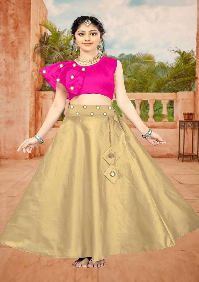 Beige Embroidered Blended Lehenga Choli For Girls - Indya
