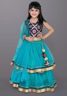 Teal Embroidered Blended Lehenga Choli For Girls