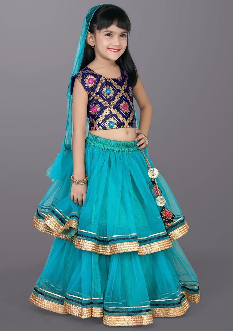 Teal Embroidered Blended Lehenga Choli For Girls - Indya
