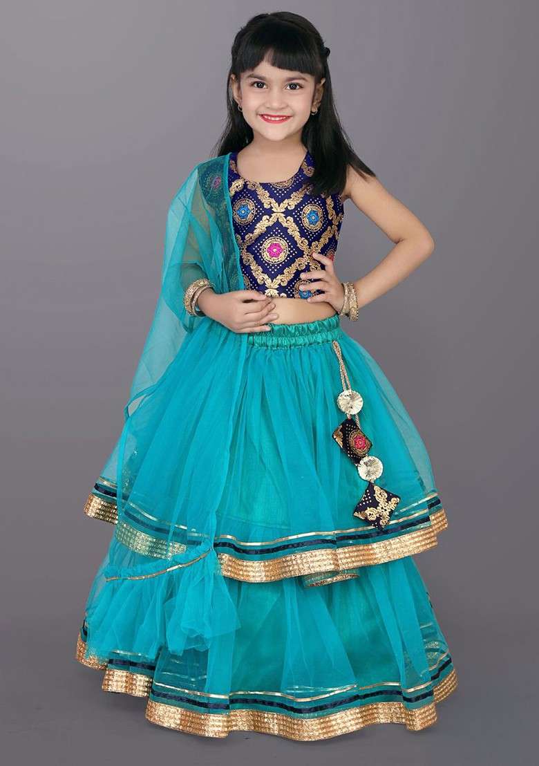 Teal Embroidered Blended Lehenga Choli For Girls - Indya