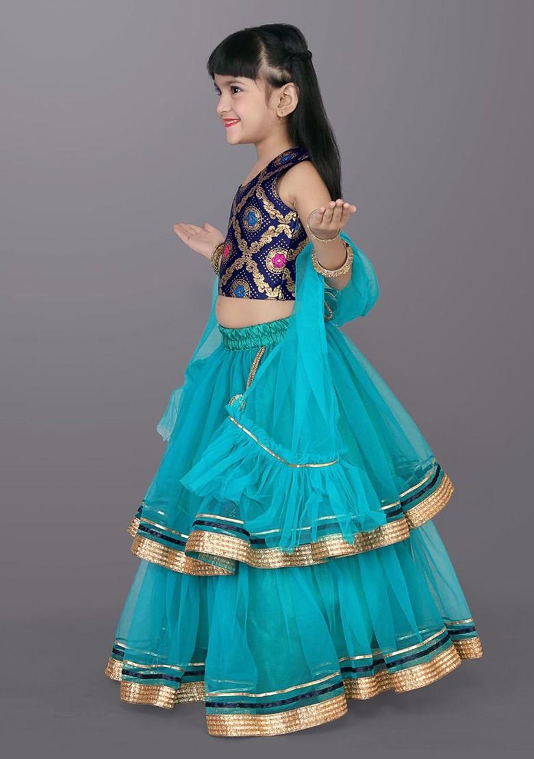 Teal Embroidered Blended Lehenga Choli For Girls - Indya