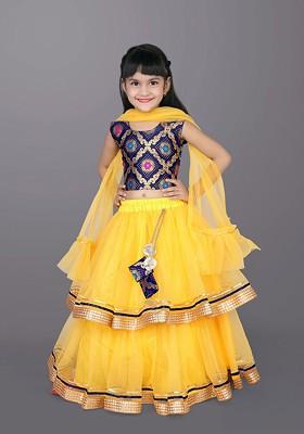 Yellow Embroidered Blended Lehenga Choli For Girls