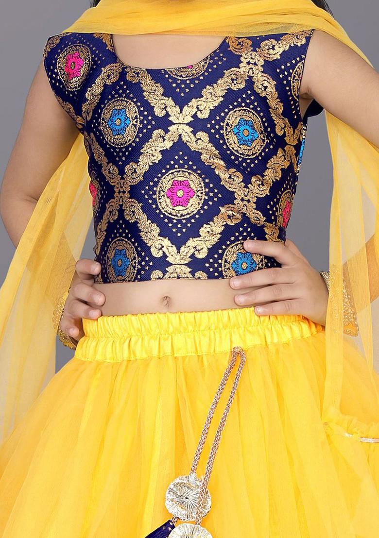 Yellow Embroidered Blended Lehenga Choli For Girls - Indya
