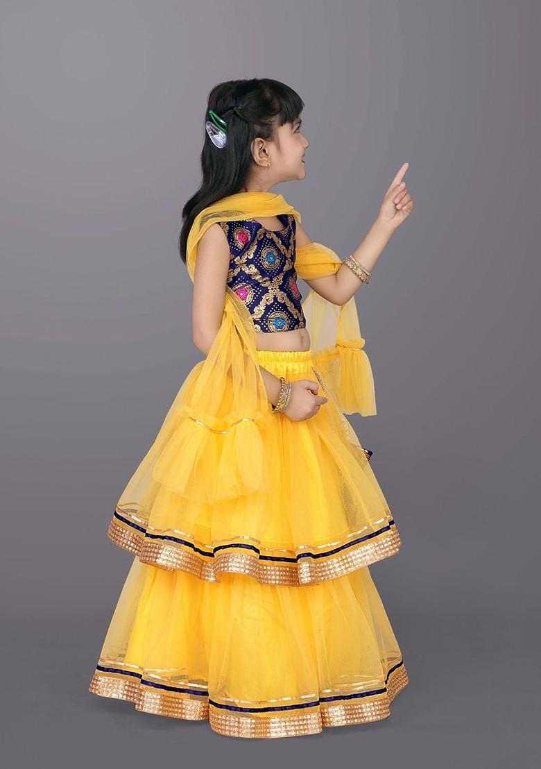 Yellow Embroidered Blended Lehenga Choli For Girls - Indya