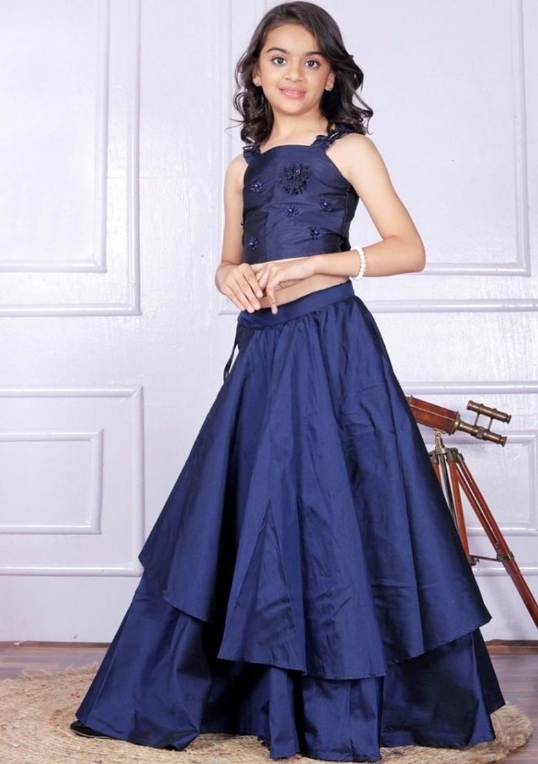 Navy Blue Embroidered Blended Lehenga Choli For Girls - Indya