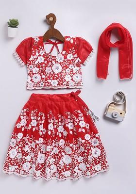 Red Embroidered Blended Lehenga Choli For Girls