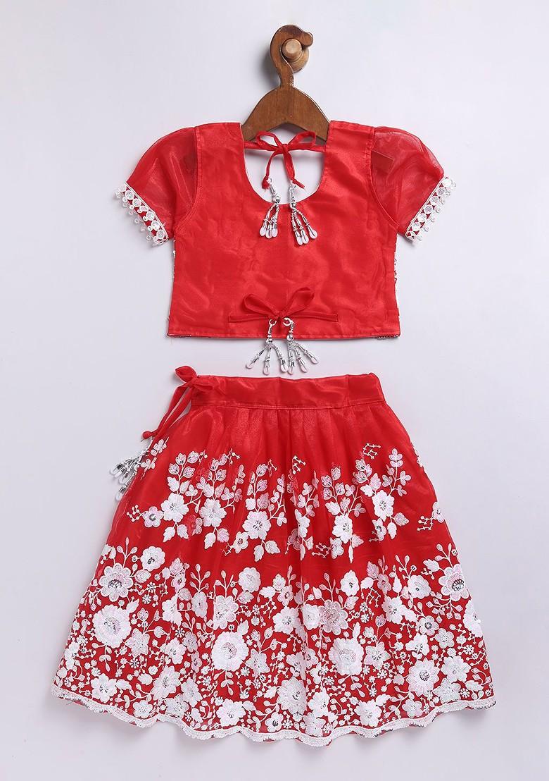 Red Embroidered Blended Lehenga Choli For Girls - Indya