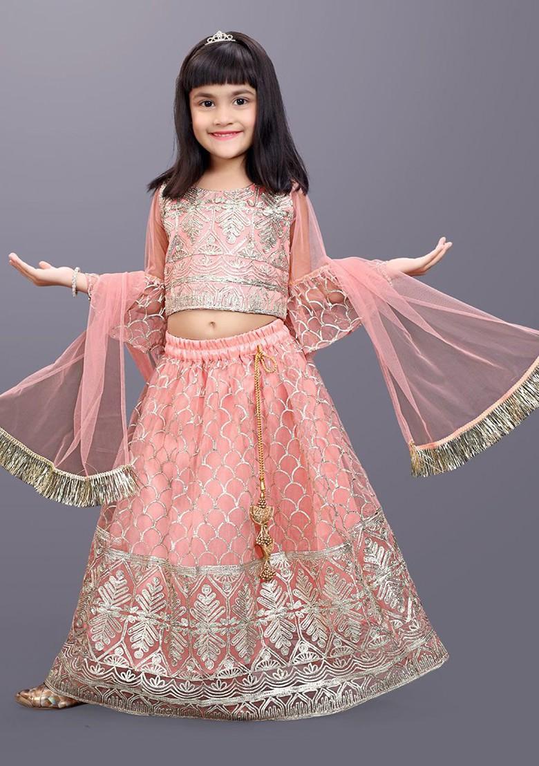 Peach Embroidered Blended Lehenga Choli For Girls - Indya