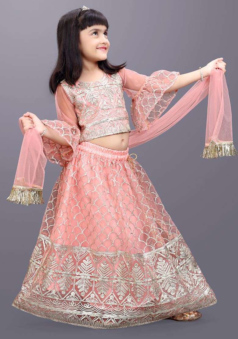 Peach Embroidered Blended Lehenga Choli For Girls - Indya