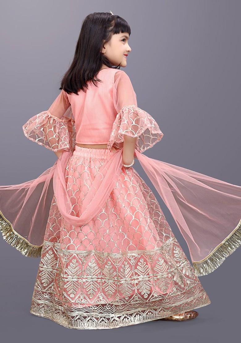 Peach Embroidered Blended Lehenga Choli For Girls - Indya