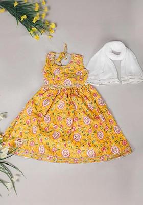 Yellow Printed Blended Lehenga Choli For Girls