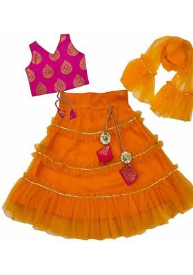Orange Embroidered Blended Lehenga Choli For Girls