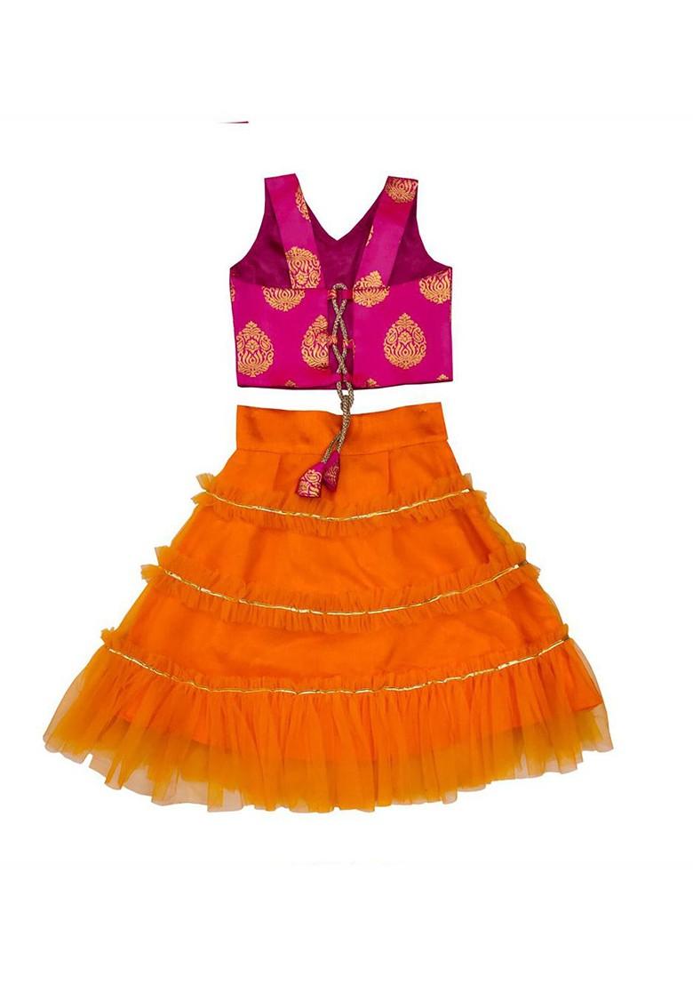 Orange Embroidered Blended Lehenga Choli For Girls - Indya