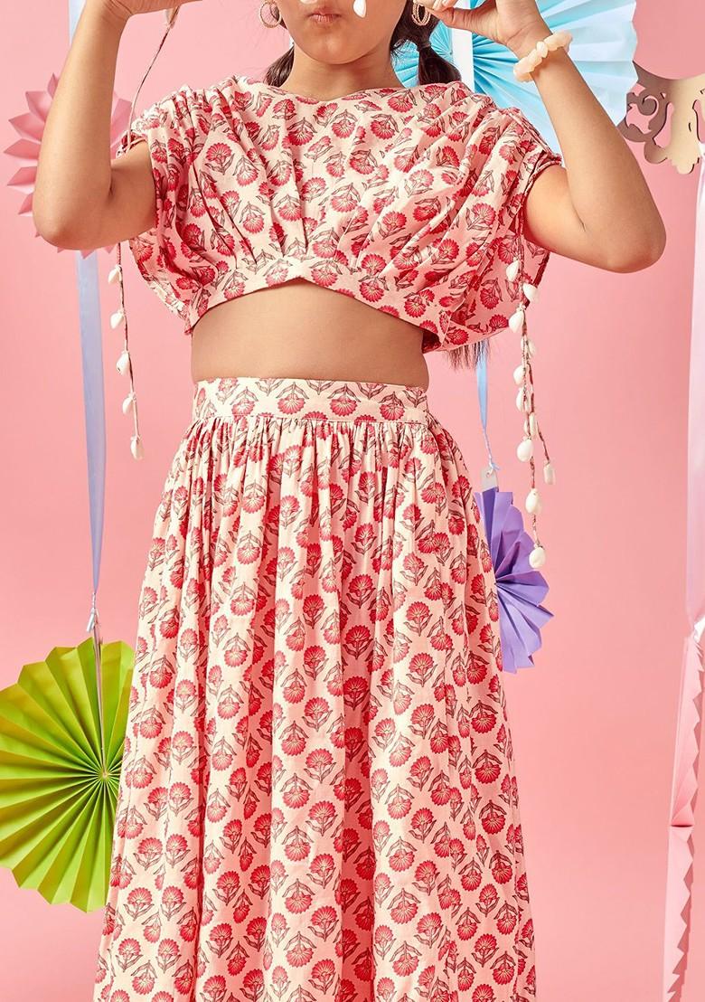 Coral Embroidered Blended Lehenga Choli For Girls - Indya