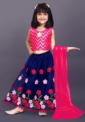 Navy Blue Embroidered Blended Lehenga Choli For Girls