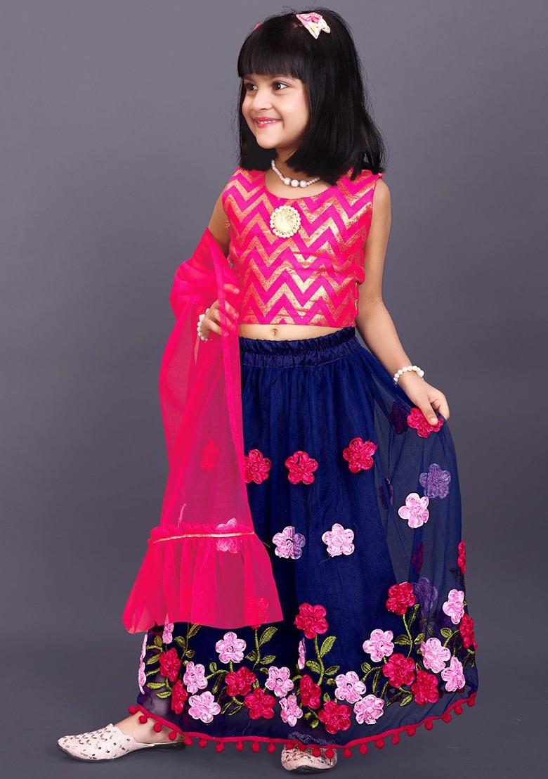 Navy Blue Embroidered Blended Lehenga Choli For Girls - Indya