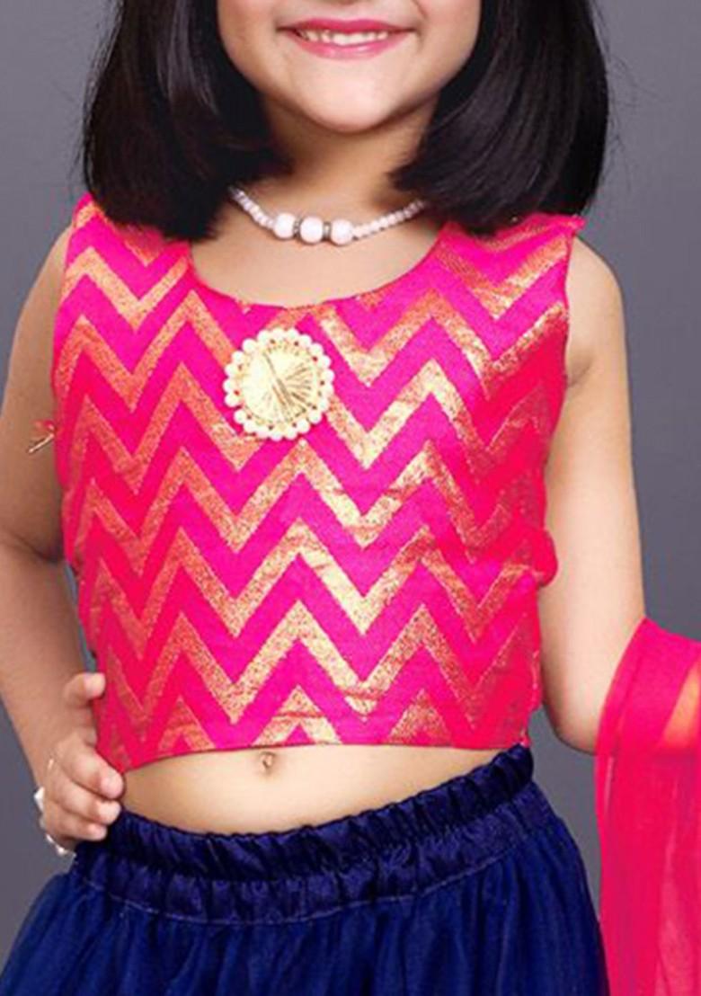 Navy Blue Embroidered Blended Lehenga Choli For Girls - Indya