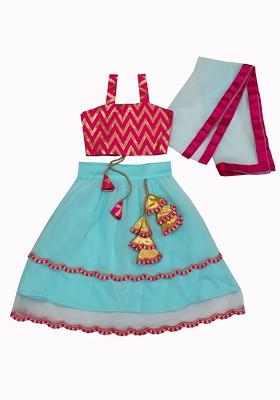 Sea Green Embroidered Blended Lehenga Choli For Girls