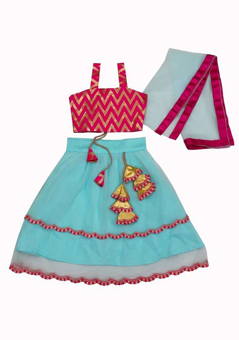Sea Green Embroidered Blended Lehenga Choli For Girls - Indya