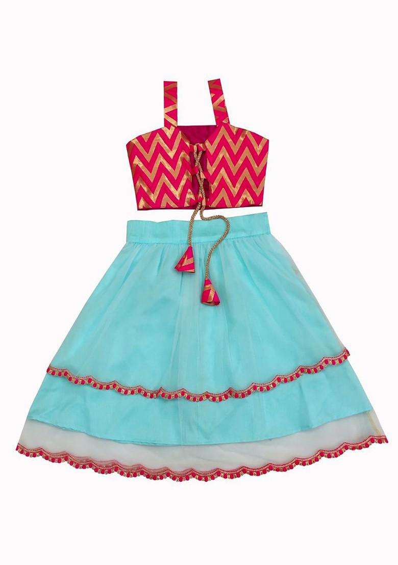 Sea Green Embroidered Blended Lehenga Choli For Girls - Indya