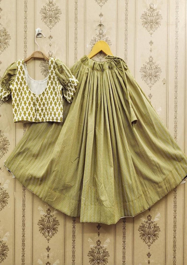 Green Printed Blended Lehenga Choli For Girls - Indya