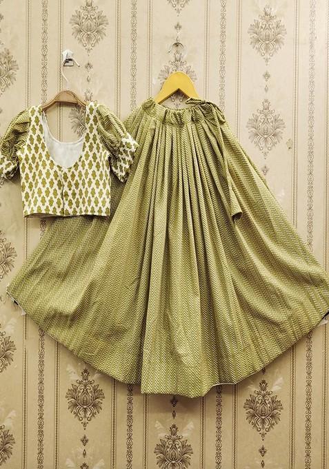 Green Printed Blended Lehenga Choli For Girls — view on Indya