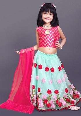 Sea Green Embroidered Blended Lehenga Choli For Girls