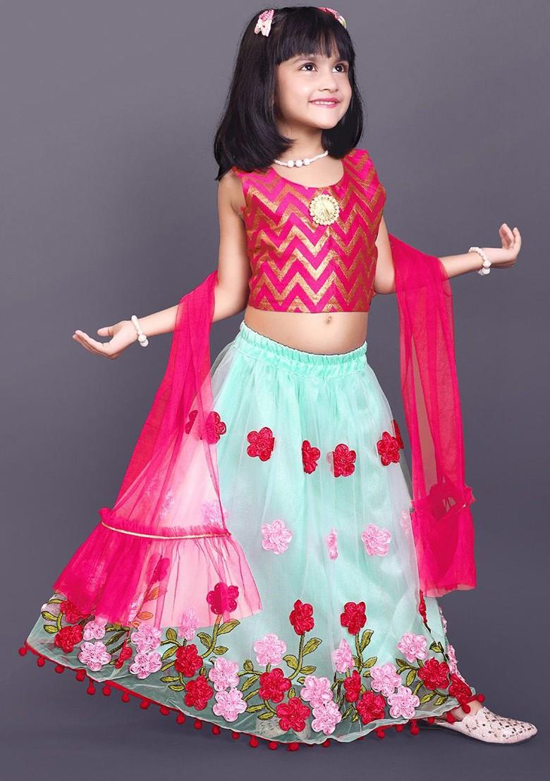 Sea Green Embroidered Blended Lehenga Choli For Girls - Indya