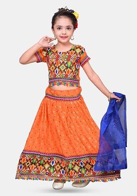 Orange Embroidered Cotton Blend Lehenga Choli For Girls