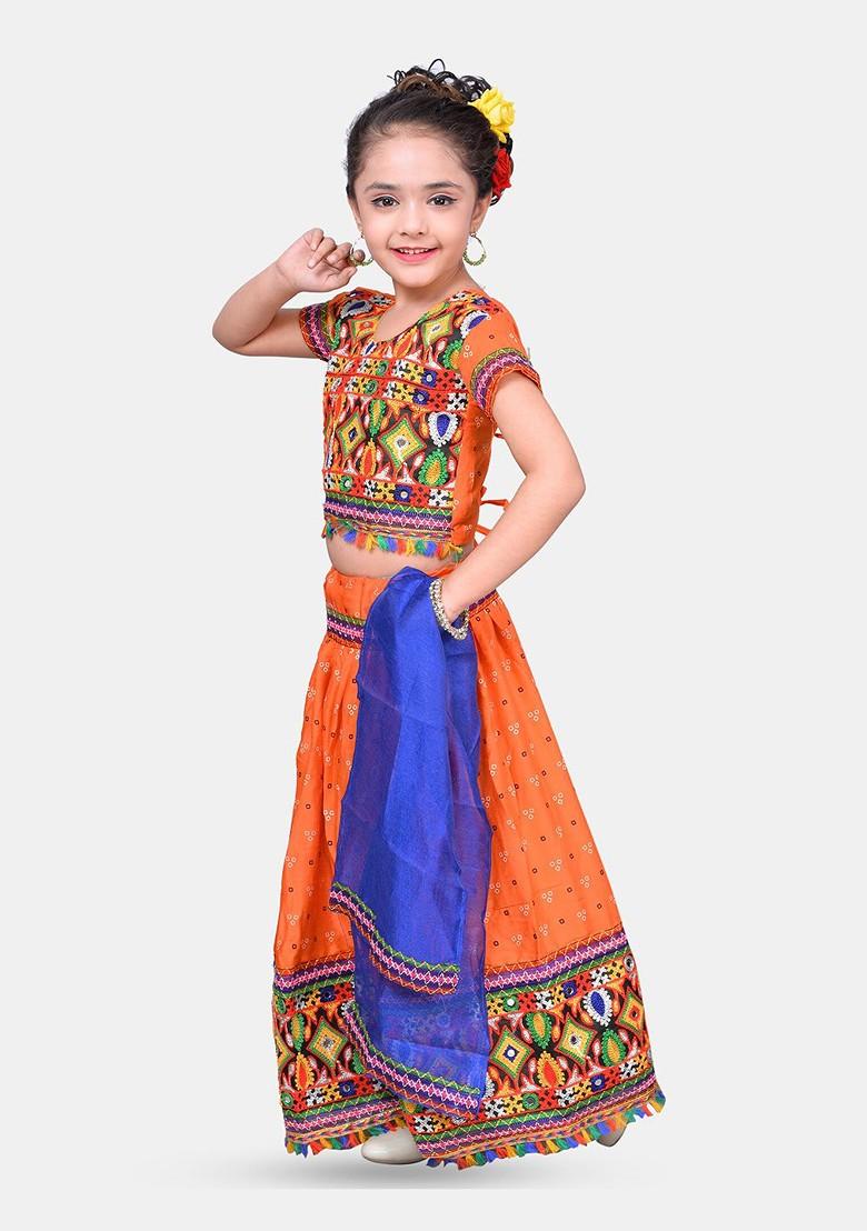 Orange Embroidered Cotton Blend Lehenga Choli For Girls - Indya