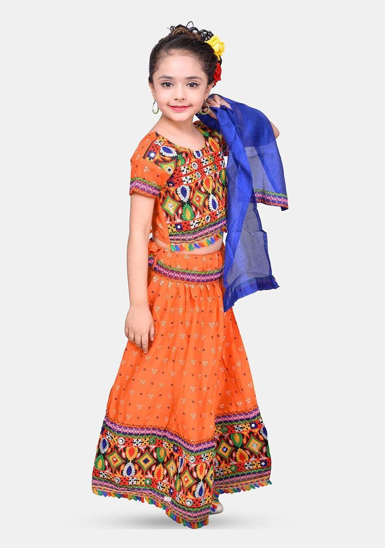 Orange Embroidered Cotton Blend Lehenga Choli For Girls - Indya