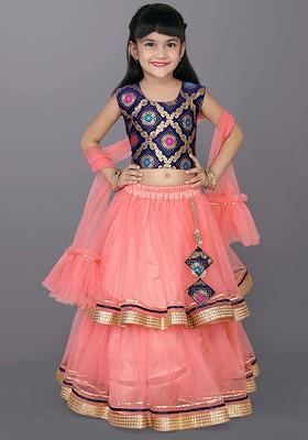 Peach Embroidered Blended Lehenga Choli For Girls