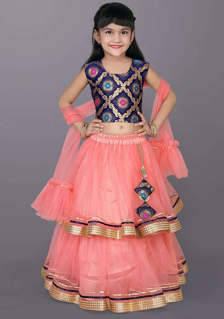 Peach Embroidered Blended Lehenga Choli For Girls - Indya