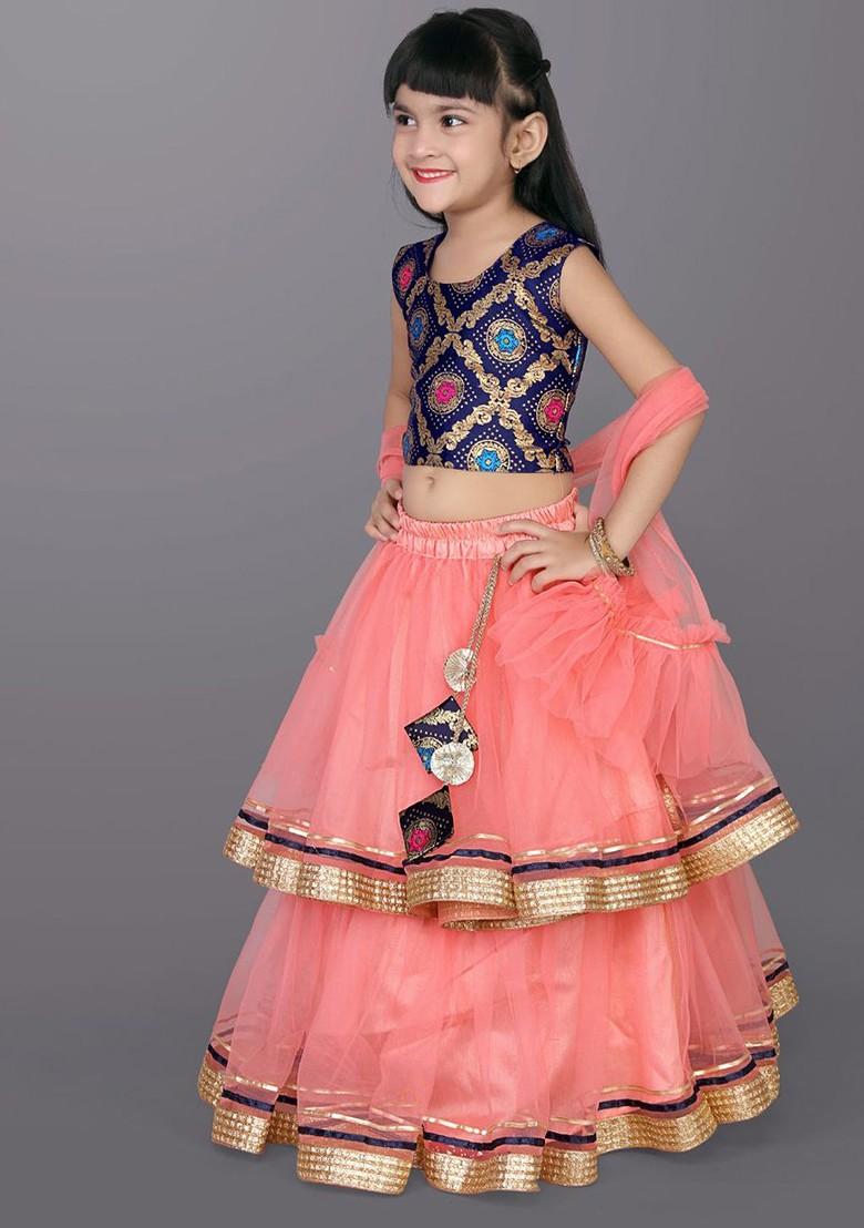 Peach Embroidered Blended Lehenga Choli For Girls - Indya