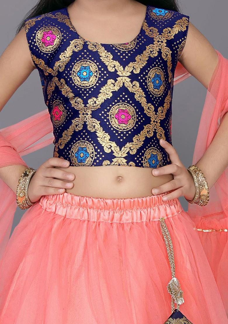 Peach Embroidered Blended Lehenga Choli For Girls - Indya