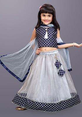 Grey Embroidered Blended Lehenga Choli For Girls
