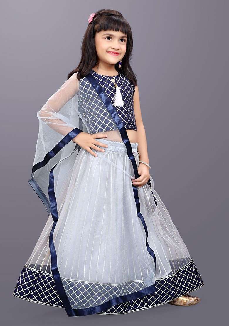 Grey Embroidered Blended Lehenga Choli For Girls - Indya